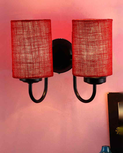 Elegant Jute Wall Mounted Dual Lamp Iron Base | Set of 2 | 12 x 6 x 9 inches