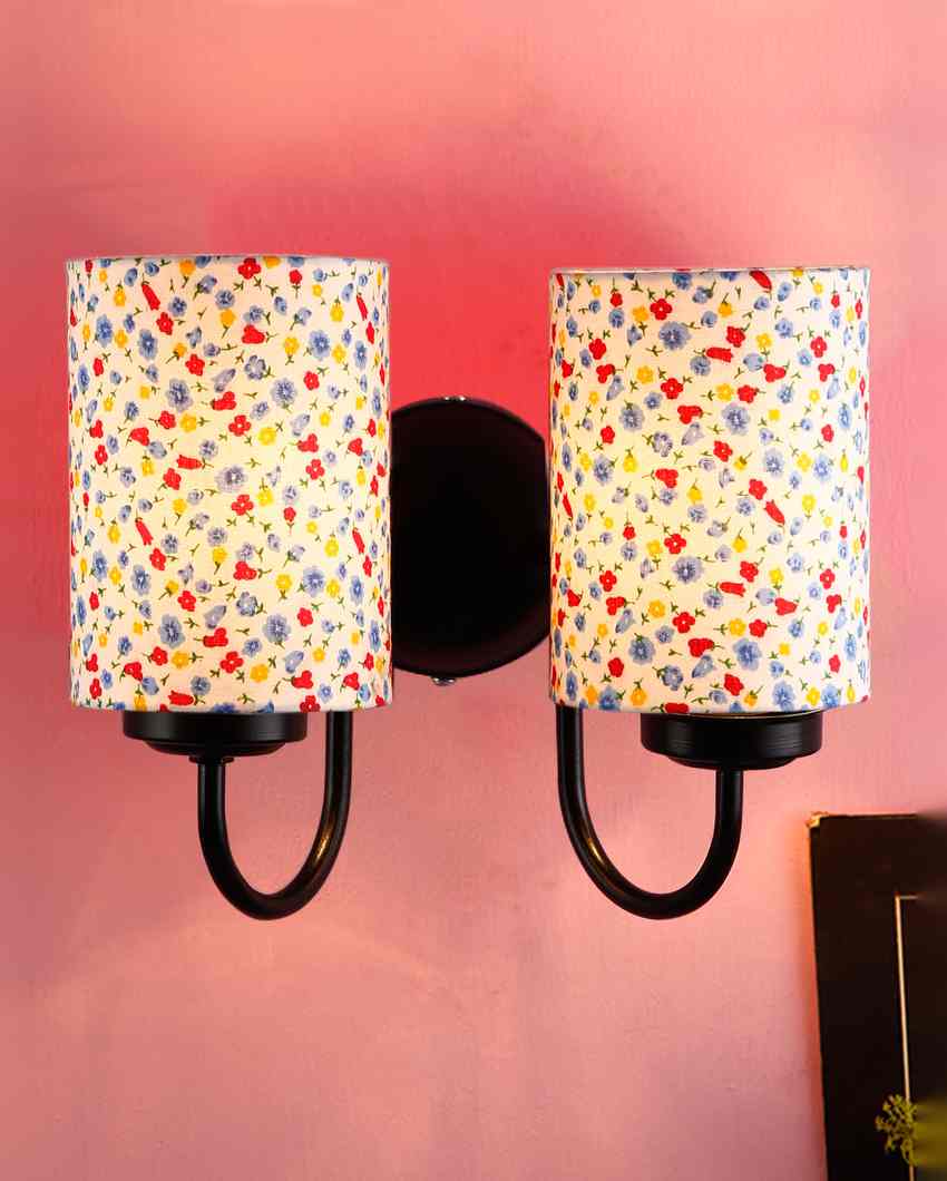 Textured Elegant Cotton Shade Wall Mounted Dual Lamp with Iron Base | Set of 2 | 12 x 6 x 9 inches