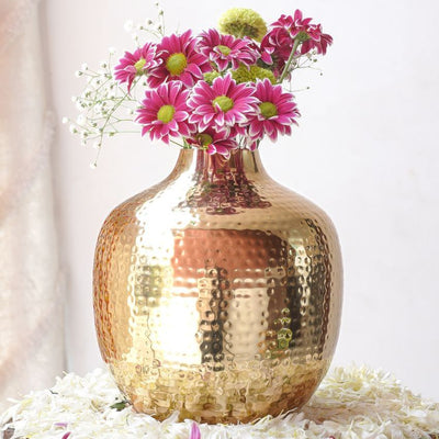 Elegant Golden Shade Hammered Vase Without Flower | 7 x 8 inches