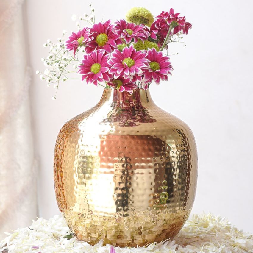 Elegant Golden Shade Hammered Vase Without Flower | 7 x 8 inches