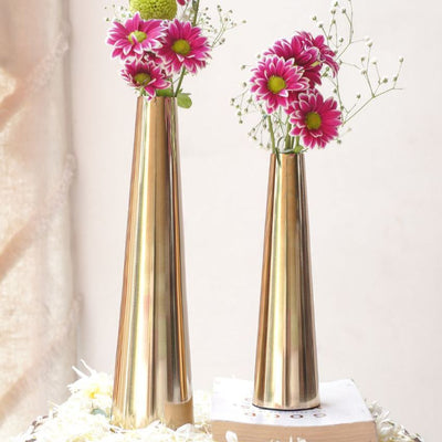 Slim Golden Finish Cone Vase Without Flower | Pack of 2