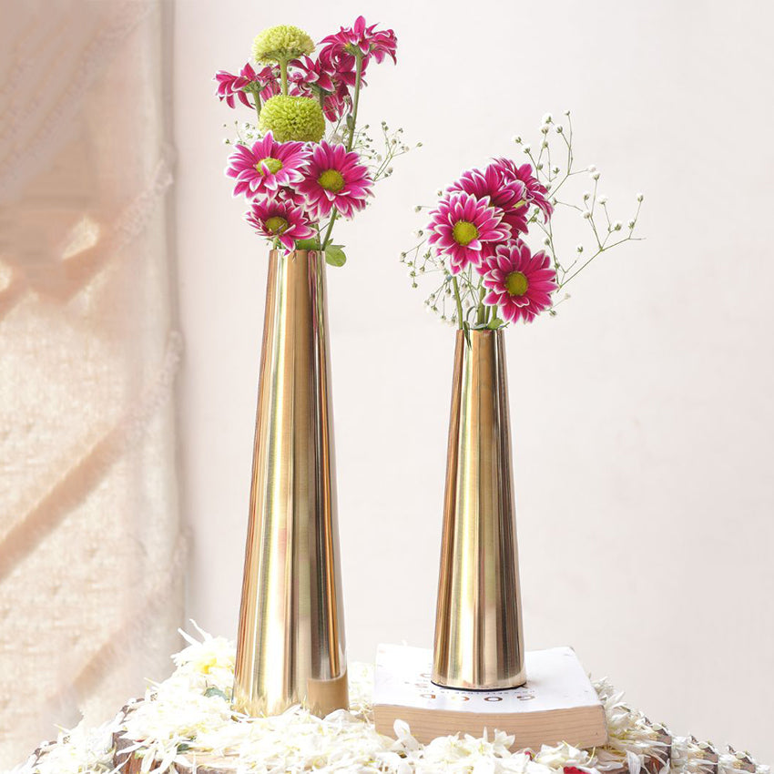 Slim Golden Finish Cone Vase Without Flower | Pack of 2