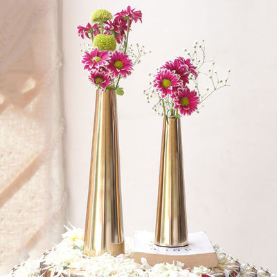 Slim Golden Finish Cone Vase Without Flower | Pack of 2