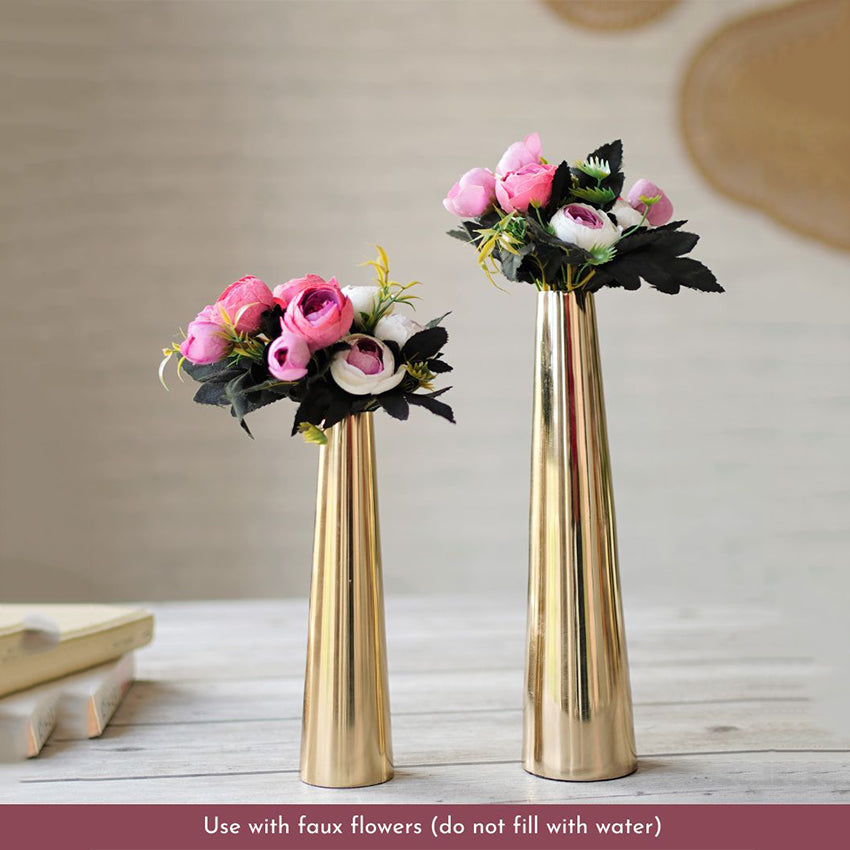 Slim Golden Finish Cone Vase Without Flower | Pack of 2