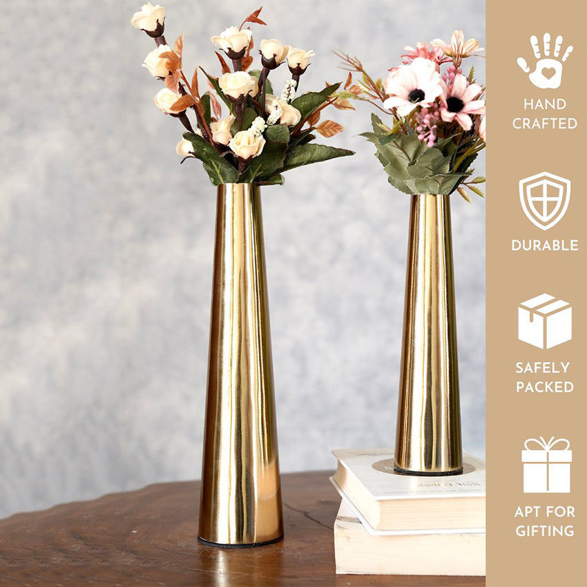 Slim Golden Finish Cone Vase Without Flower | Pack of 2