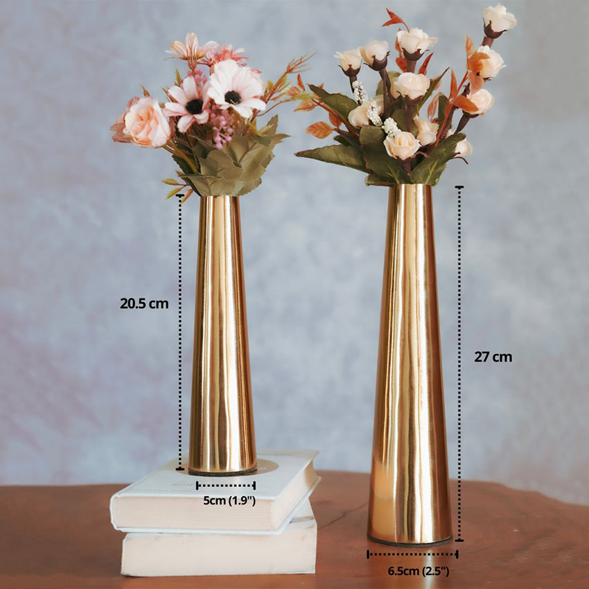 Slim Golden Finish Cone Vase Without Flower | Pack of 2