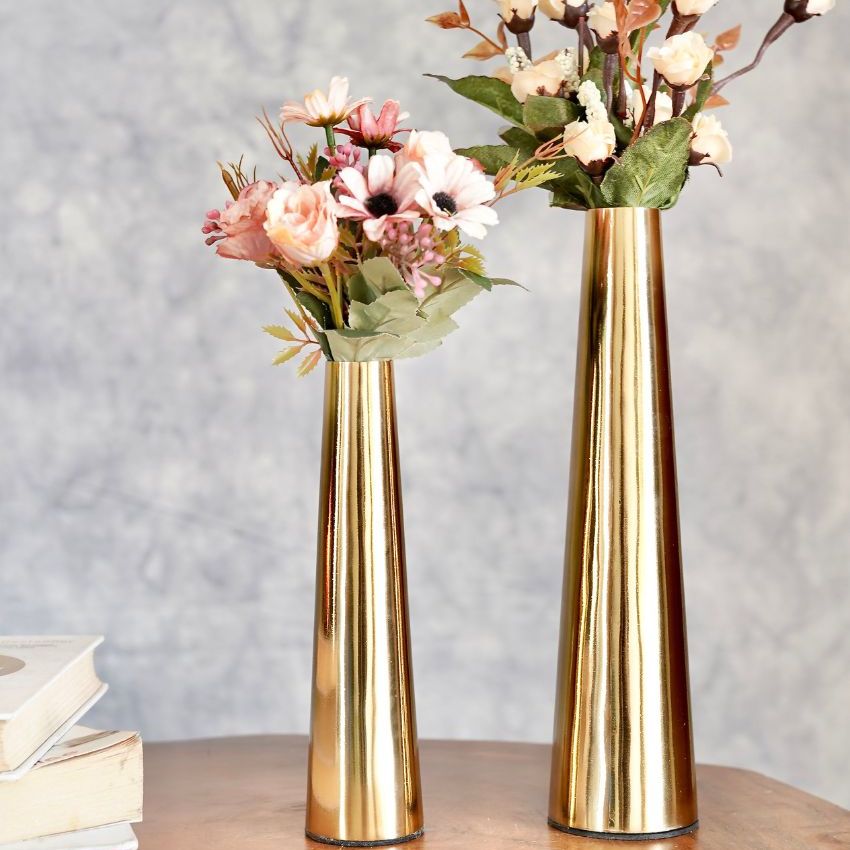 Slim Golden Finish Cone Vase Without Flower | Pack of 2