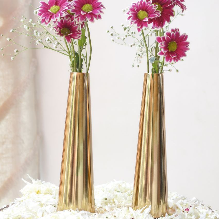 Slim Golden Finish Cone Vase Without Flower | Set of 2 | 2 x 8 inches