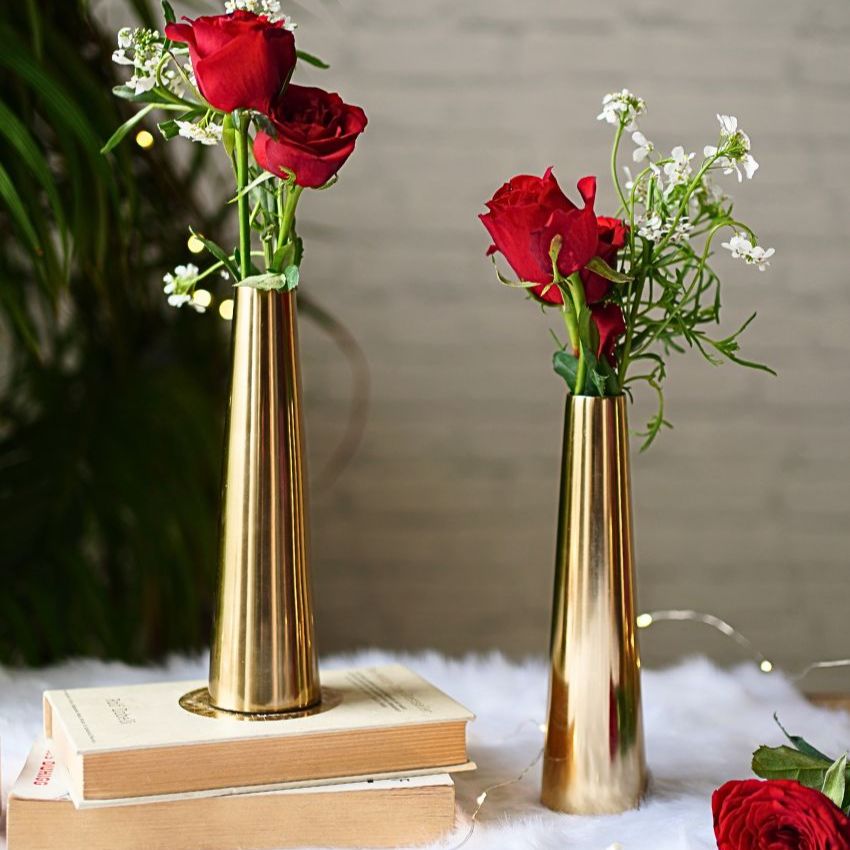 Slim Golden Finish Cone Vase Without Flower | Set of 2 | 2 x 8 inches