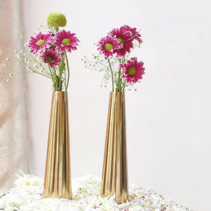 Slim Golden Finish Cone Vase Without Flower | Set of 2 | 2 x 8 inches