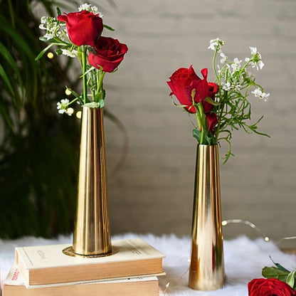 Slim Golden Finish Cone Vase Without Flower | Set of 2 | 2 x 8 inches