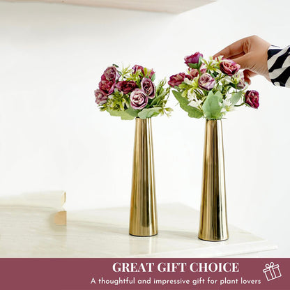 Slim Golden Finish Cone Vase Without Flower | Set of 2 | 2 x 8 inches