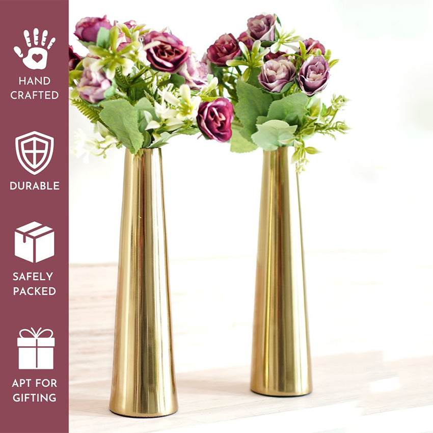 Slim Golden Finish Cone Vase Without Flower | Set of 2 | 2 x 8 inches