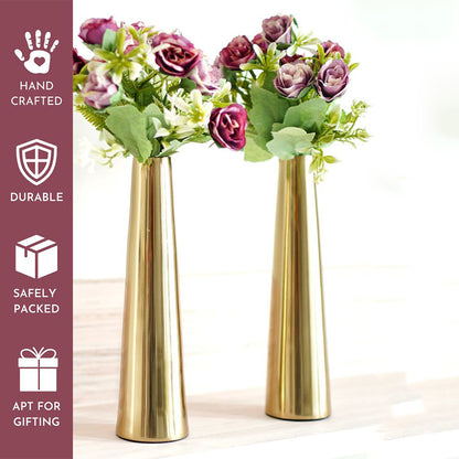 Slim Golden Finish Cone Vase Without Flower | Set of 2 | 2 x 8 inches