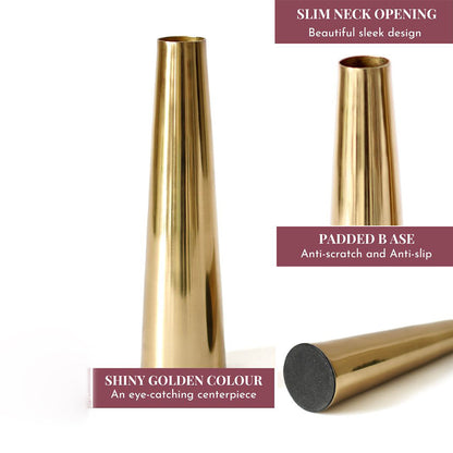 Slim Golden Finish Cone Vase Without Flower | Set of 2 | 2 x 8 inches