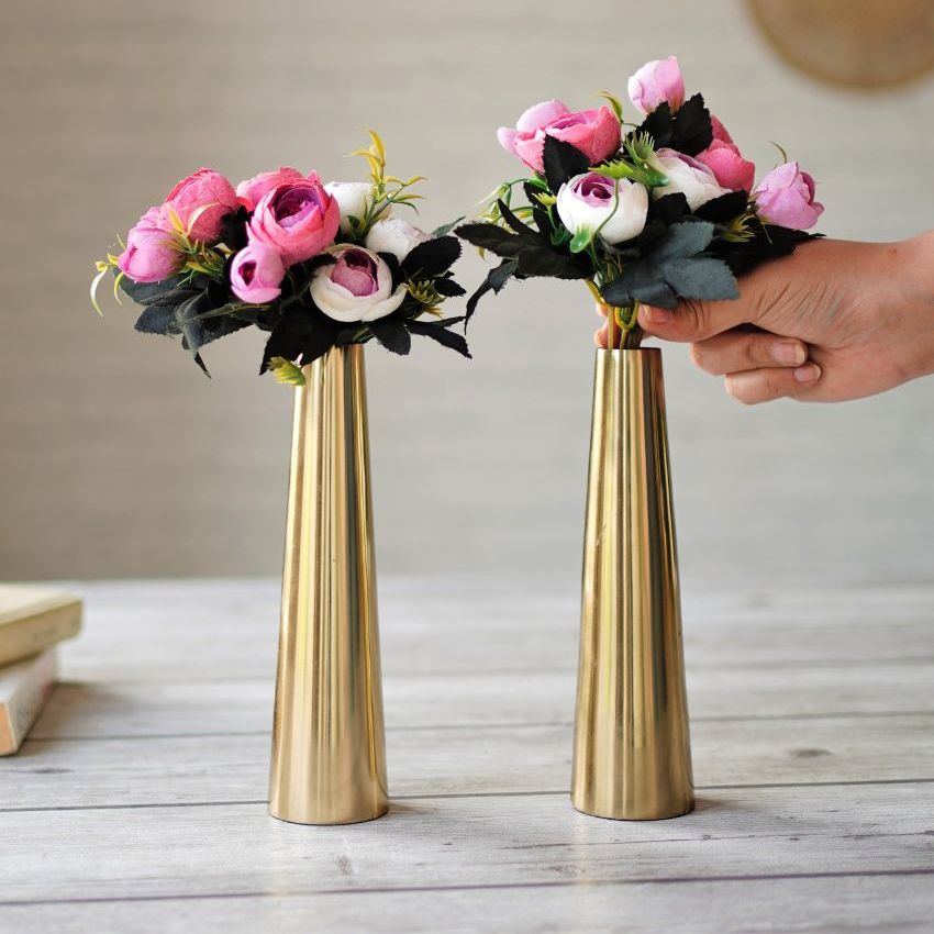 Slim Golden Finish Cone Vase Without Flower | Set of 2 | 2 x 8 inches