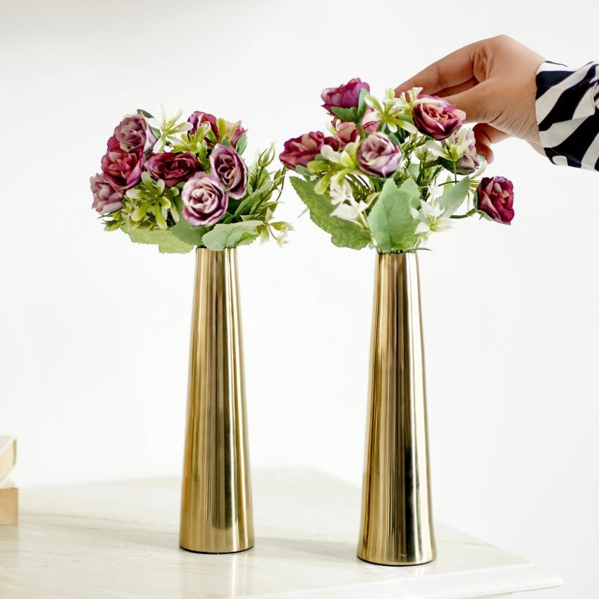 Slim Golden Finish Cone Vase Without Flower | Set of 2 | 2 x 8 inches