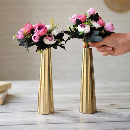 Slim Golden Finish Cone Vase Without Flower | Set of 2 | 2 x 8 inches