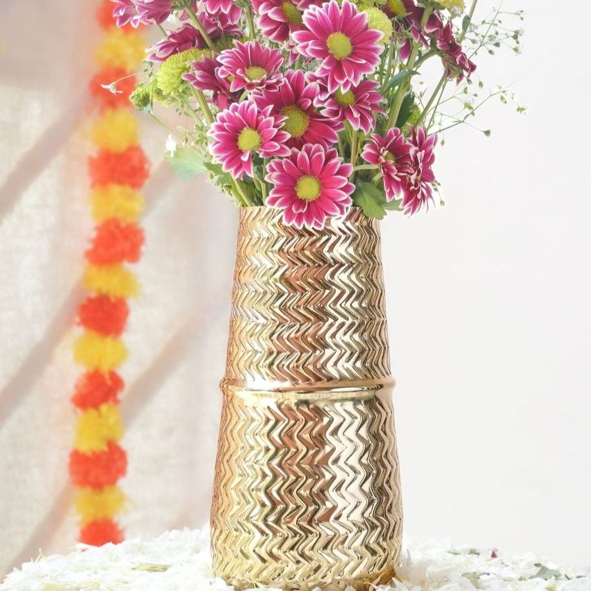 Arrow Embossed Golden Shade Metal Vase Without Flower | 5 x 9 inches