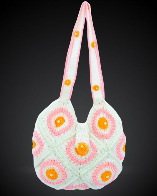 White Acrylic Yarn Silk Handmade Crochet Shoulder Bag