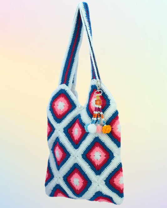 White And Blue Handmade Crochet Shoulder Bag