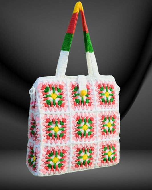 White And Pink Handmade Acrylic Yarn Silk Crochet Tote Bag