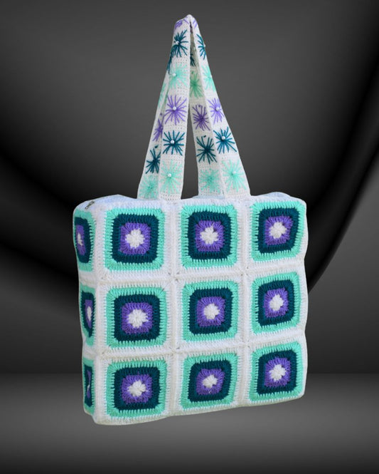 White and Sea Green Handmade Crocher Tote Bag
