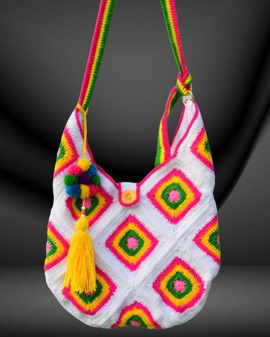 White Boho Crochet Acrylic Yarn Silk Bag