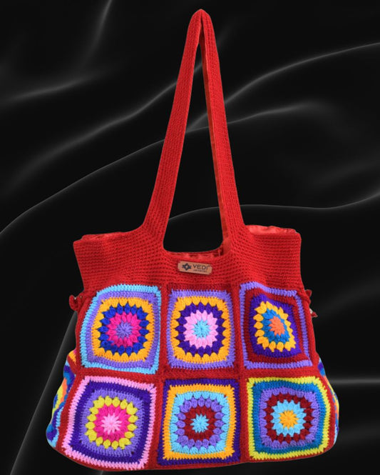 Red Handmade Crochet Granny square shoulder bag