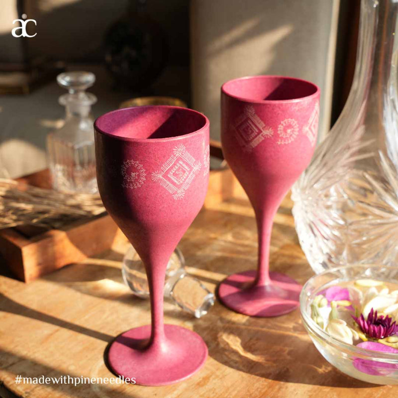 Gond Art Square Circle Wine Glass | 200ml | Set of 2 Bubblegum Pink