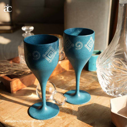Gond Art Square Circle Wine Glass | 200ml | Set of 2 Iceberg Blue