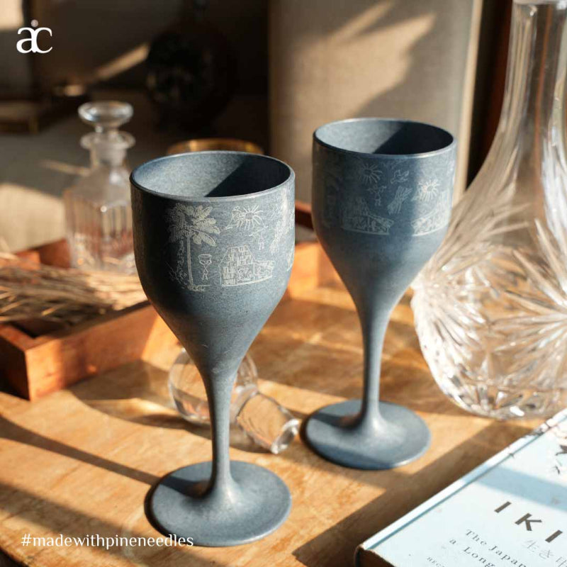 Gond Art Date Palm Wine Glass | 200ml | Set of 2 Cobalt Blue