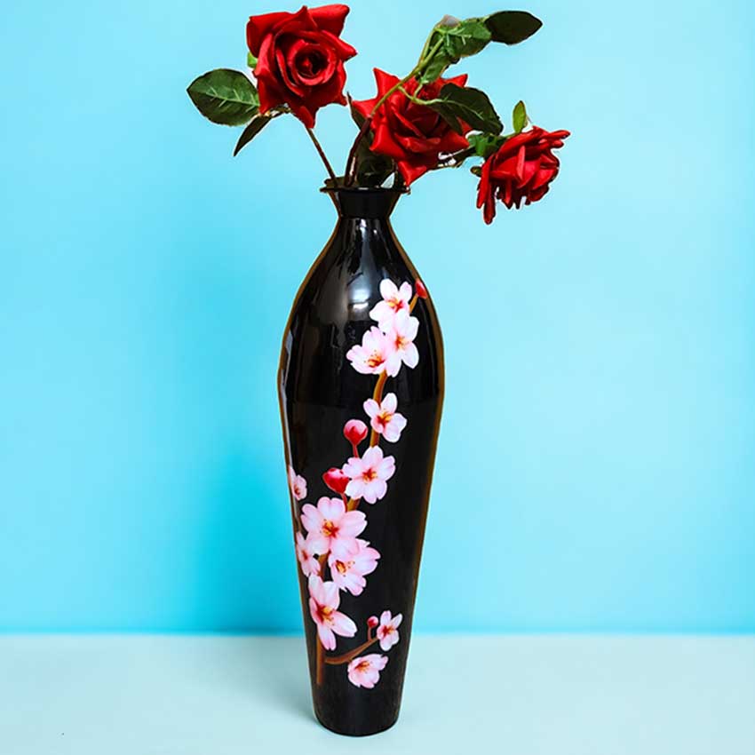 Floral Rhapsody Printed Black & Pink Flower Vase Without Flower | 7 x 25 inches