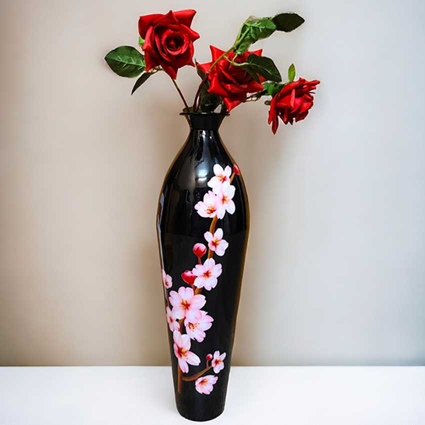 Floral Rhapsody Printed Black & Pink Flower Vase Without Flower | 7 x 25 inches