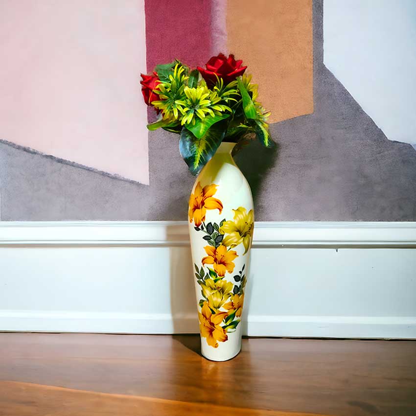 Floral Printed White & Yellow Flower Vase Without Flower | 7 x 25 inches