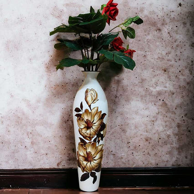 Floral Rhapsody Printed White & Brown Flower Vase Without Flower | 7 x 25 inches