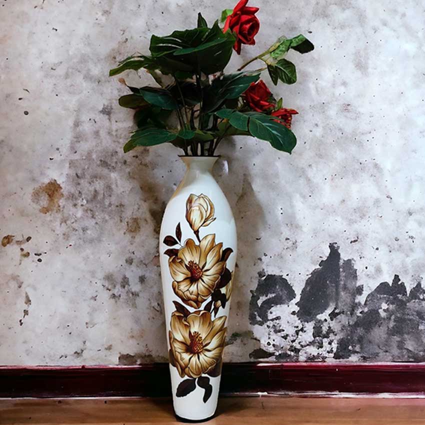 Floral Rhapsody Printed White & Brown Flower Vase Without Flower | 7 x 25 inches