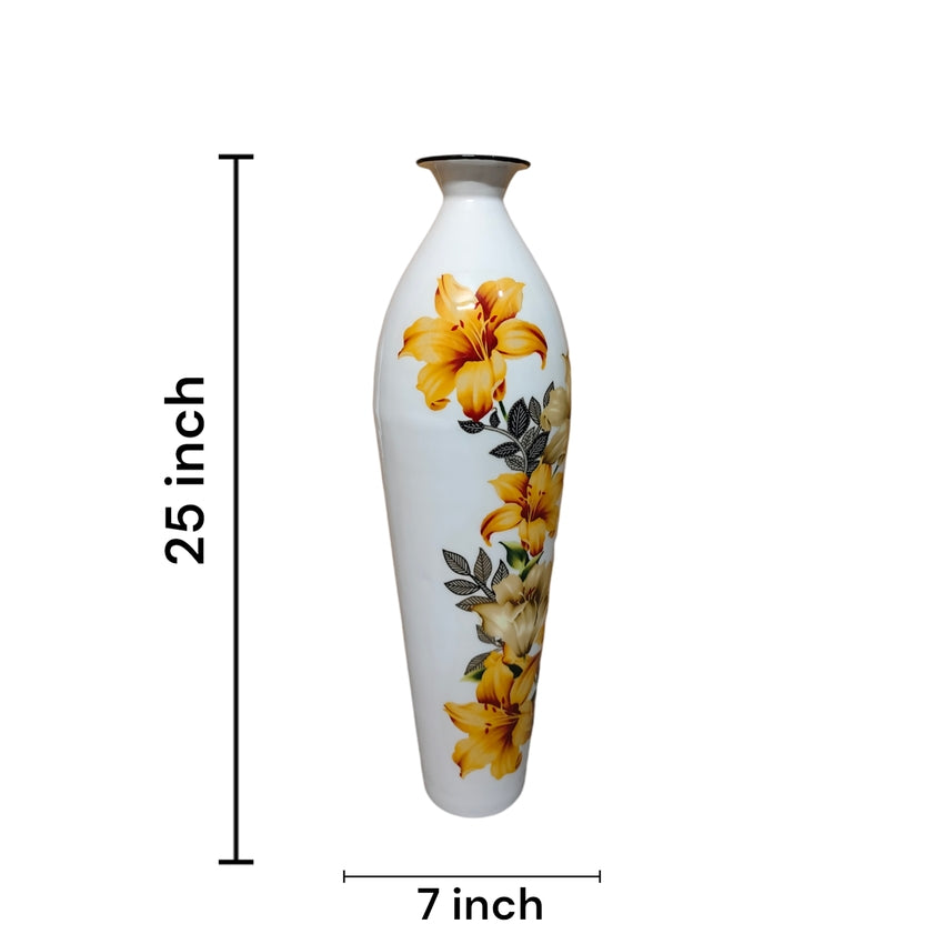 Floral Rhapsody Printed White & Yellow Flower Vase Without Flower | 7 x 25 inches