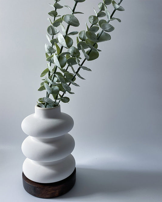 Flowy Matte Ceramic Vase with Wooden Base