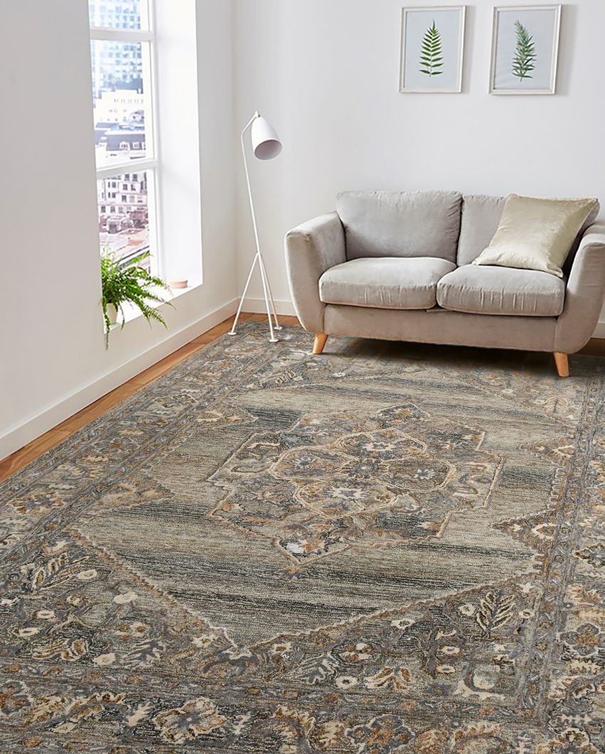 Brown Wool & Viscose Oriental Pattern Hand-Tufted Rug Carpet