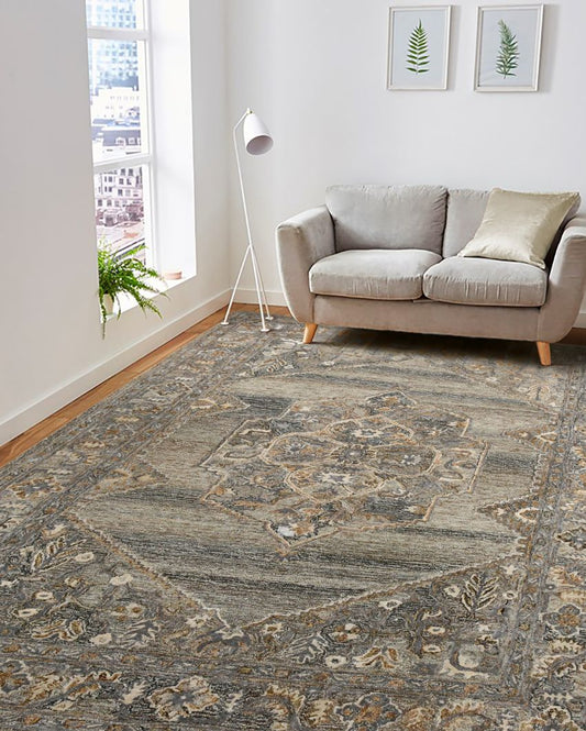 Brown Wool & Viscose Oriental Pattern Hand-Tufted Rug Carpet