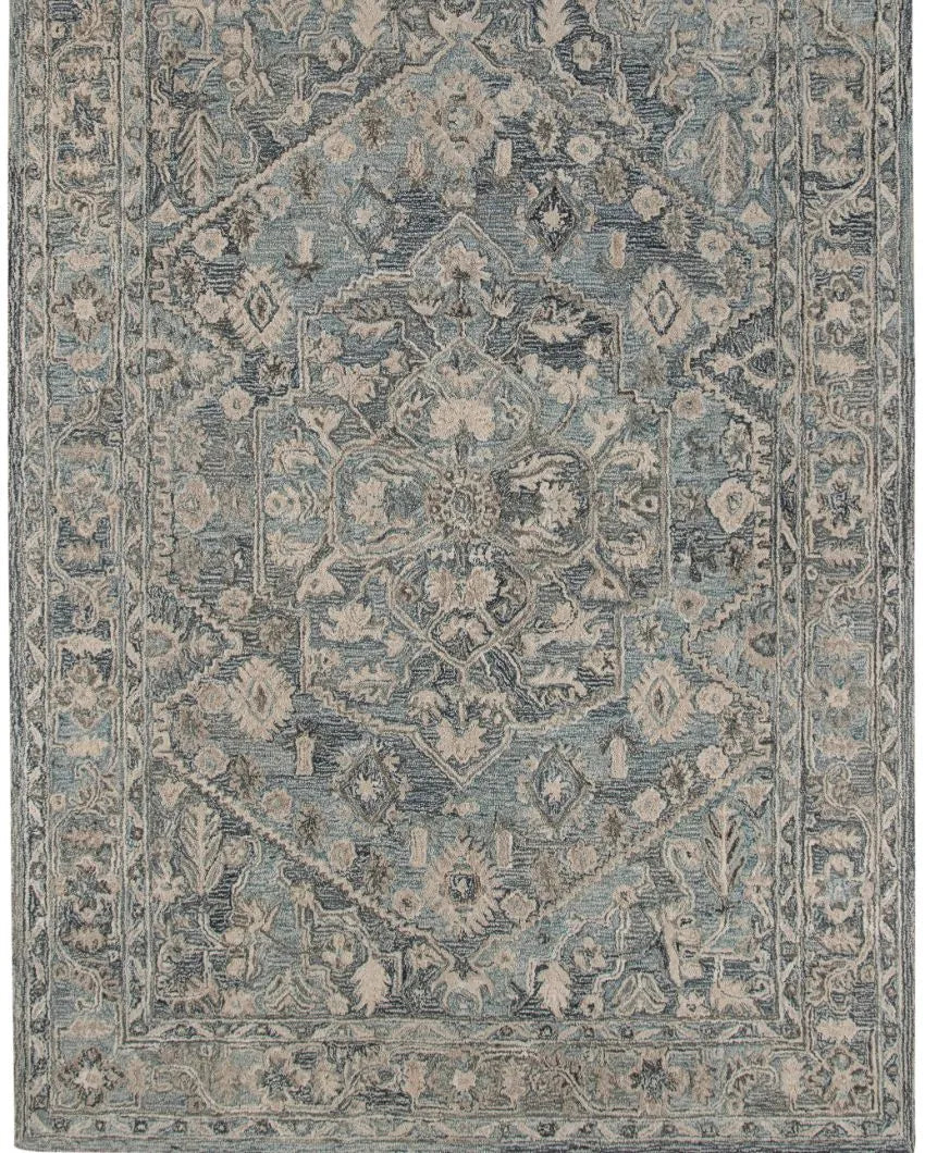 Blue Wool & Viscose Oriental Pattern Hand-Tufted Rug Carpet