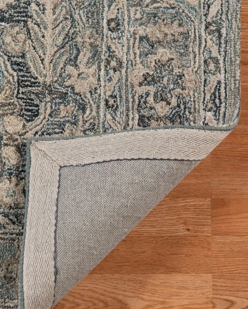 Blue Wool & Viscose Oriental Pattern Hand-Tufted Rug Carpet