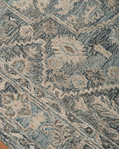 Blue Wool & Viscose Oriental Pattern Hand-Tufted Rug Carpet