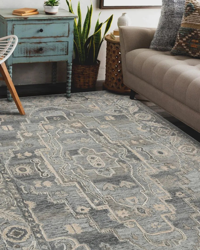 Grey Kilim Pattern Hand Tufted Carpet | 10 x 8 Feet