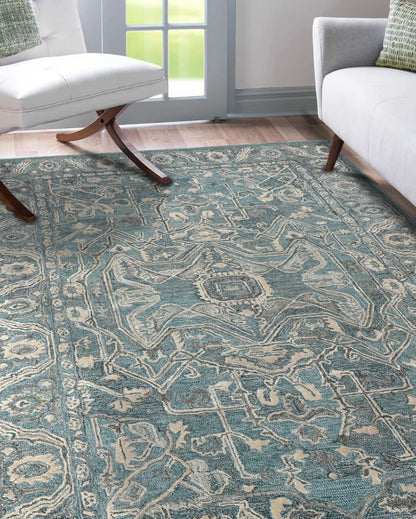 Aqua Kilim Pattern Hand Tufted Carpet | 10 x 8 Feet