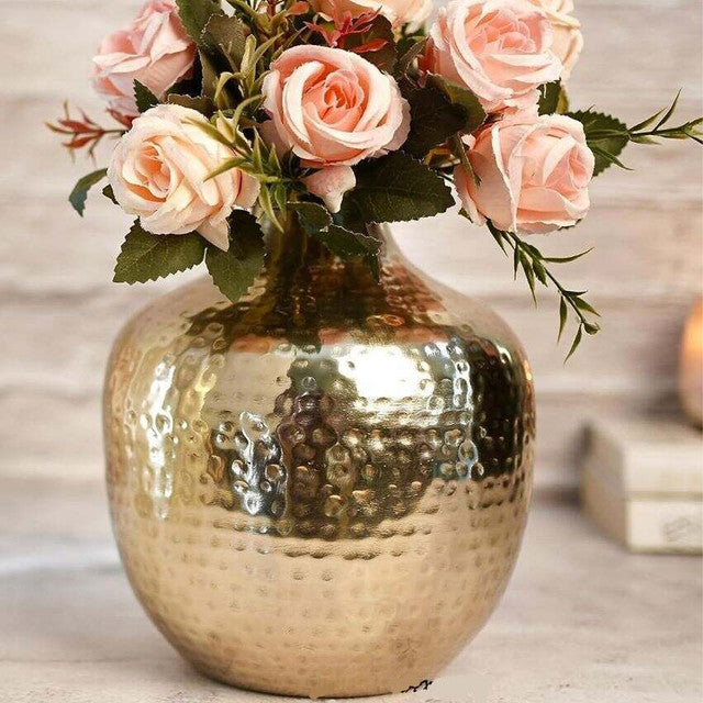 Golden Hammered Bud Shape Metal Vase For Home Decor | 7 x 7 inches