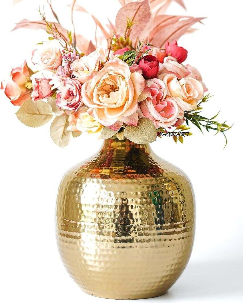 Golden Hammered Bud Shape Metal Vase For Home Decor | 7 x 7 inches