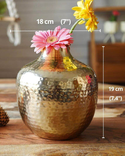 Golden Hammered Bud Shape Metal Vase For Home Decor | 7 x 7 inches