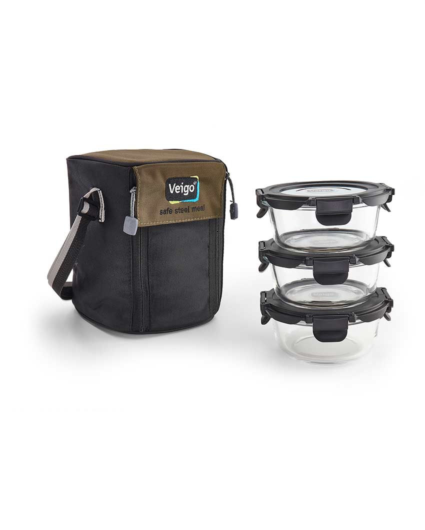 Classic Glass LunchBoss Round In Insulated Pouch | Set of 3 | 400 ML